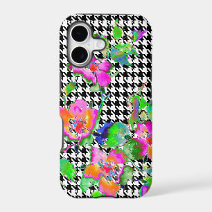 Vintage Pink Rose - black and white hounds-tooth