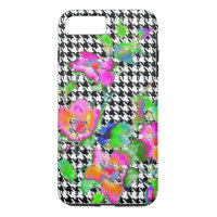 Vintage Pink Rose -  black and white hounds-tooth