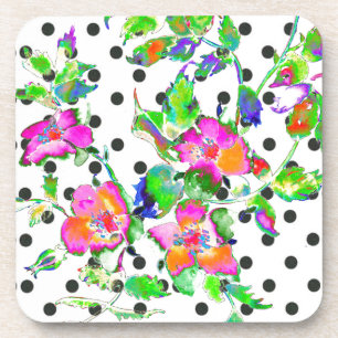 Vintage Pink Rose -black and white polka-dots Coaster