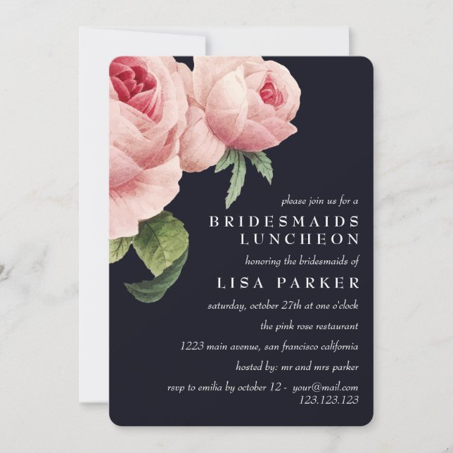 Vintage Pink Rose Blue Bridesmaid Luncheon Wedding Invitation (Front)