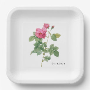 Vintage Pink Rose Botanical Paper Plate