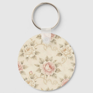 Vintage Pink Rose Damask Floral Pattern Keychain