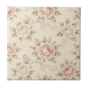 Vintage Pink Rose Damask Floral Pattern Tile