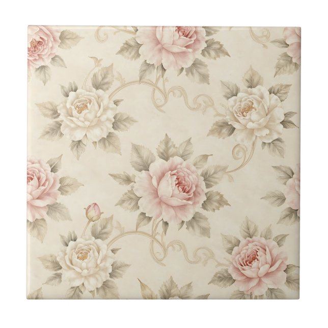 Vintage Pink Rose Damask Floral Pattern Tile (Front)