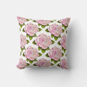 Vintage Pink Rose Drawing Pattern Throw Pillow