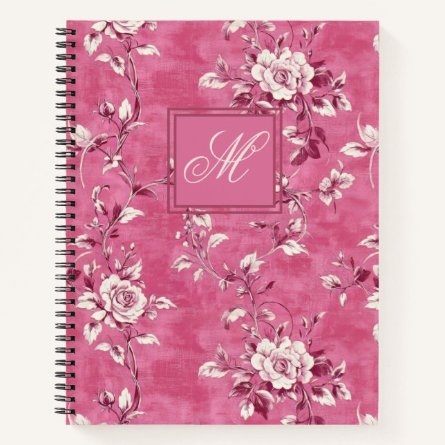 Vintage Pink Rose Floral Monogram Notebook (Front)
