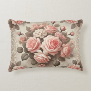 Vintage Pink Rose Floral with Lace Border Accent Pillow