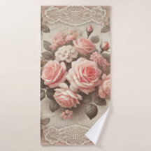 Vintage Pink Rose Floral with Lace Border