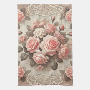 Vintage Pink Rose Floral with Lace Border Kitchen Towel