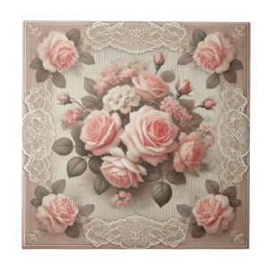 Vintage Pink Rose Floral with Lace Border Tile