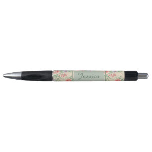Vintage Pink Rose Flower Pattern Personalised Pen