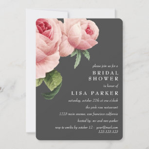 Vintage Pink Rose Grey Bridal Shower Wedding Invitation