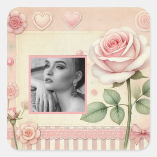 Vintage pink rose hearts floral photo watercolor square sticker