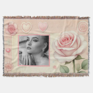 Vintage pink rose hearts floral photo watercolor  throw blanket