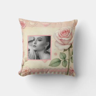 Vintage pink rose hearts floral photo watercolor throw pillow