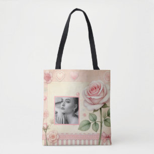 Vintage pink rose hearts floral photo watercolor tote bag