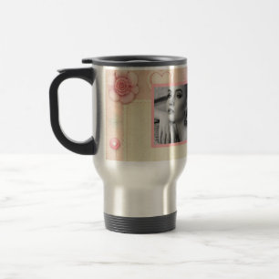 Vintage pink rose hearts floral photo watercolor  travel mug
