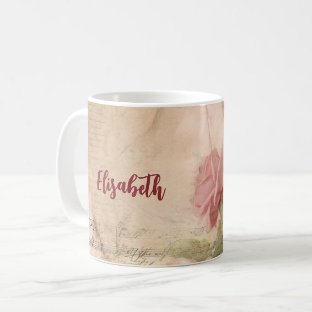 Vintage Pink Rose Mug | Your Name | (Front Left)