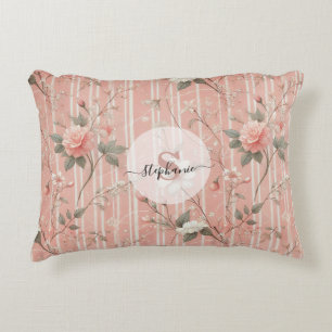 Vintage Pink Rose on Striped Pink Background Accent Pillow