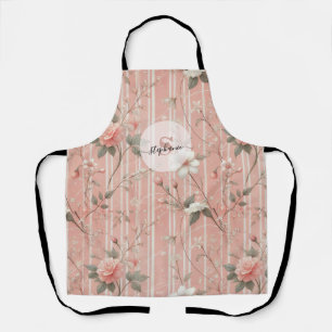 Vintage Pink Rose on Striped Pink Background Apron
