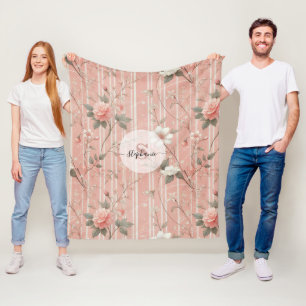 Vintage Pink Rose on Striped Pink Background Fleece Blanket