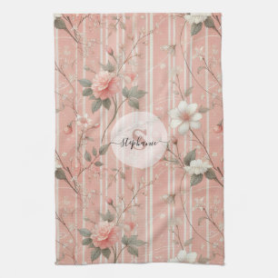 Vintage Pink Rose on Striped Pink Background Kitchen Towel