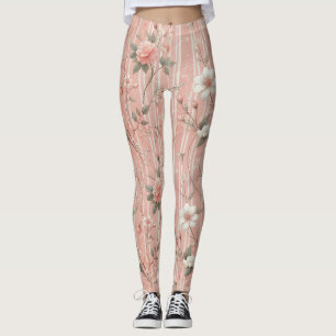 Vintage Pink Rose on Striped Pink Background Leggings