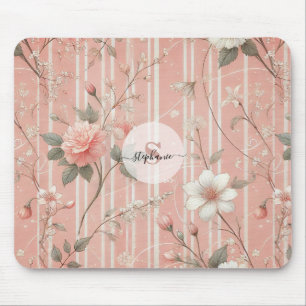 Vintage Pink Rose on Striped Pink Background Mouse Pad