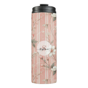 Vintage Pink Rose on Striped Pink Background Thermal Tumbler