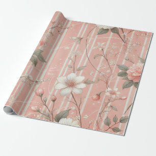 Vintage Pink Rose on Striped Pink Background Wrapping Paper