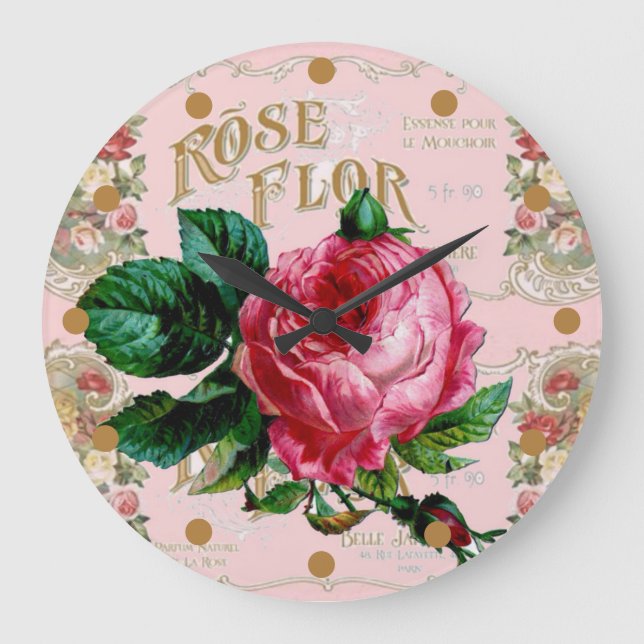 Vintage Pink Rose Parisian Shabby Chic Large Clock (Front)