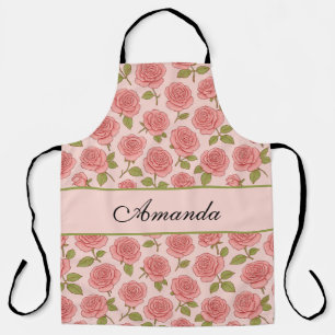 Vintage Pink Rose Pattern with Name Apron