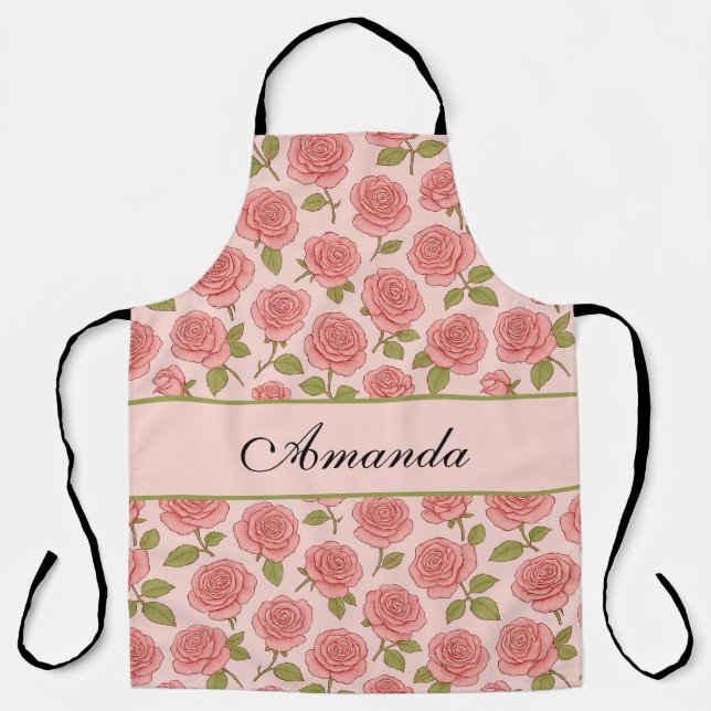 Vintage Pink Rose Pattern with Name Apron (Front)