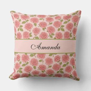 Vintage Pink Rose Pattern with Name Throw Pillow