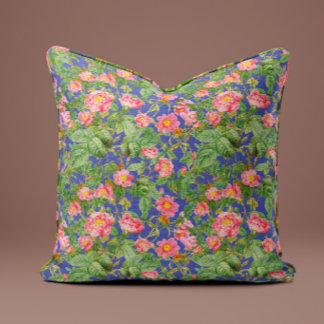 Vintage Pink Rose Pillow in Periwinkle Blue