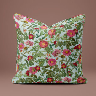 Vintage Pink Rose Pillow in Soft Mint Green
