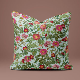 Vintage Pink Rose Pillow in Soft Mint Green