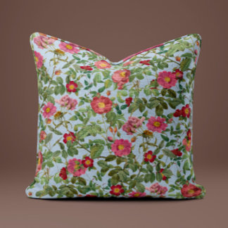 Vintage Pink Rose Pillow in Soft Sky Blue