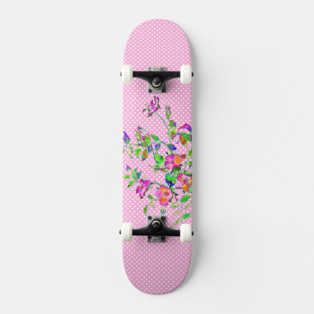 Vintage pink rose polka-dots skateboard (Front)