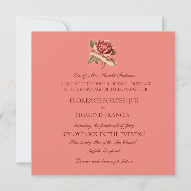Vintage Pink Rose Ribbon Wedding Invitation (Back)