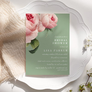 Vintage Pink Rose Sage Bridal Shower Wedding Invitation