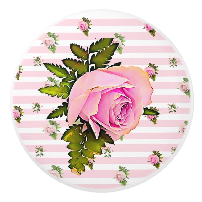 Vintage Pink Rose Striped Chic White Knob (Front)