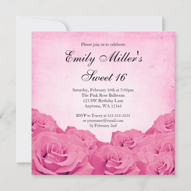 Vintage Pink Rose Sweet 16 Birthday Party Invitation (Front)
