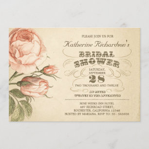 vintage pink rose typographic bridal shower invite
