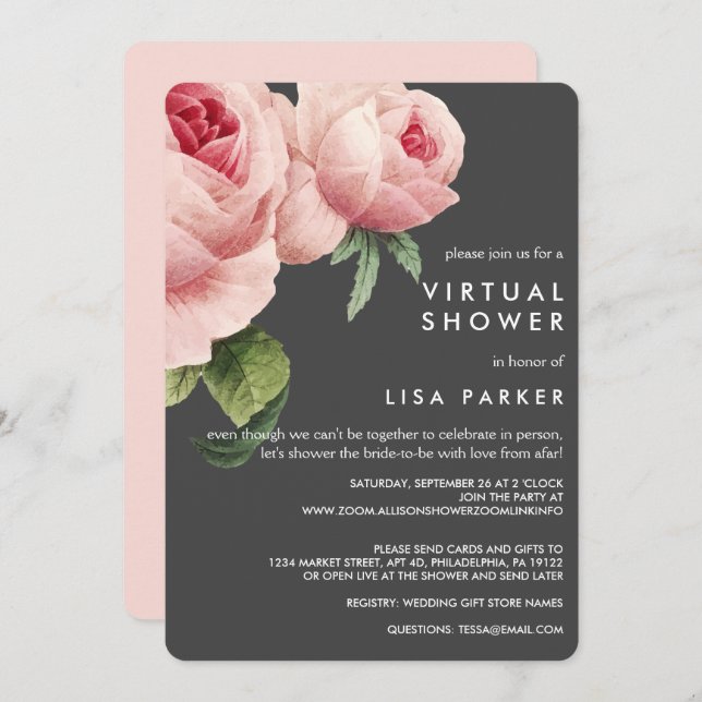 Vintage Pink Rose Virtual Shower Invitation (Front/Back)