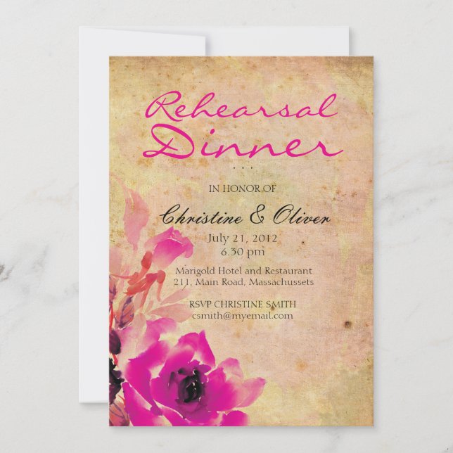 Vintage Pink Rose Wedding Rehearsal Dinner Card (Front)