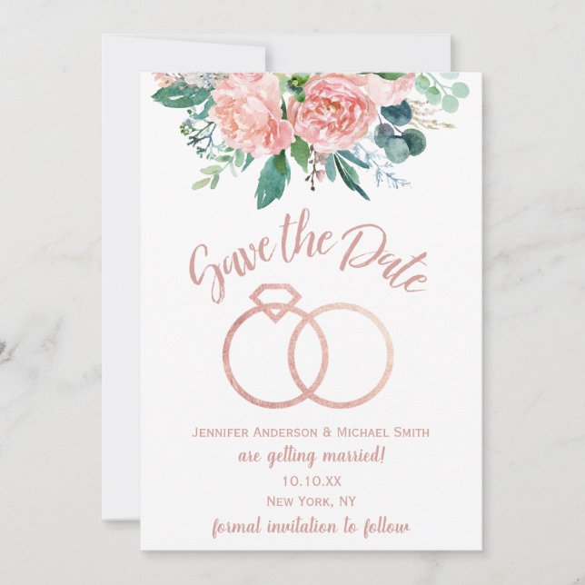 Vintage Pink Rose Wedding Ring Save the Date (Front)