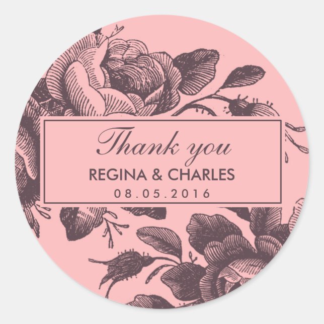Vintage Pink Rose Wedding Thank You Sticker (Front)