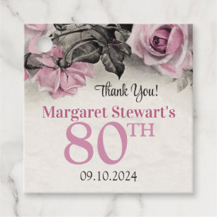 Vintage Pink Roses 80th Birthday Favour Tags
