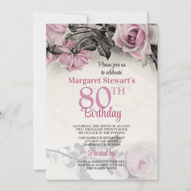 Vintage Pink Roses 80th Birthday Invitation (Front)